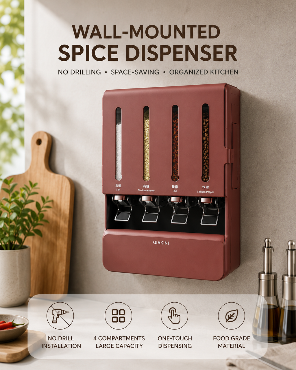 4-Compartment Wall-Mounted Spice Dispenser – No-Drill Kitchen Organizer